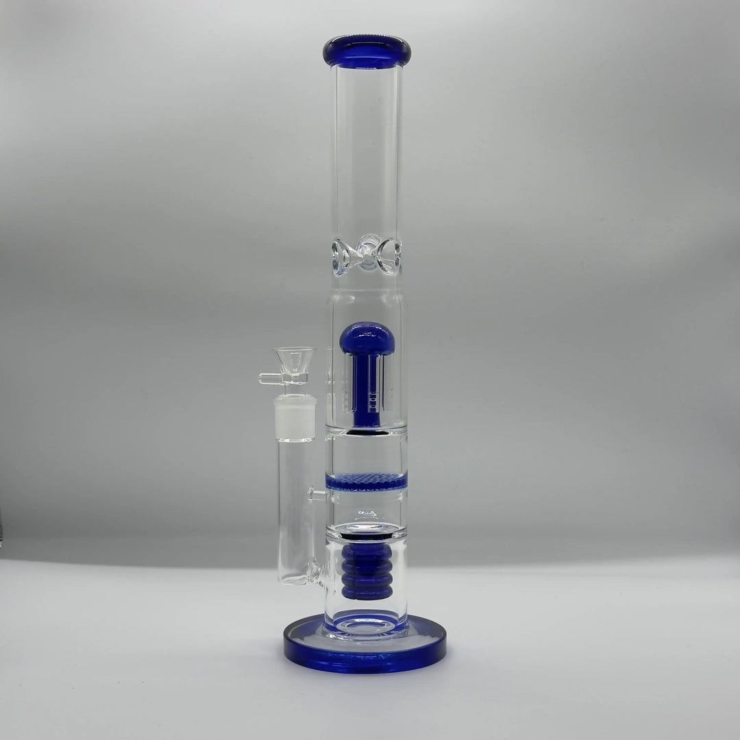 15” Blue Coil Honeycomb Showerhead Triple-Percolator Glass Bong