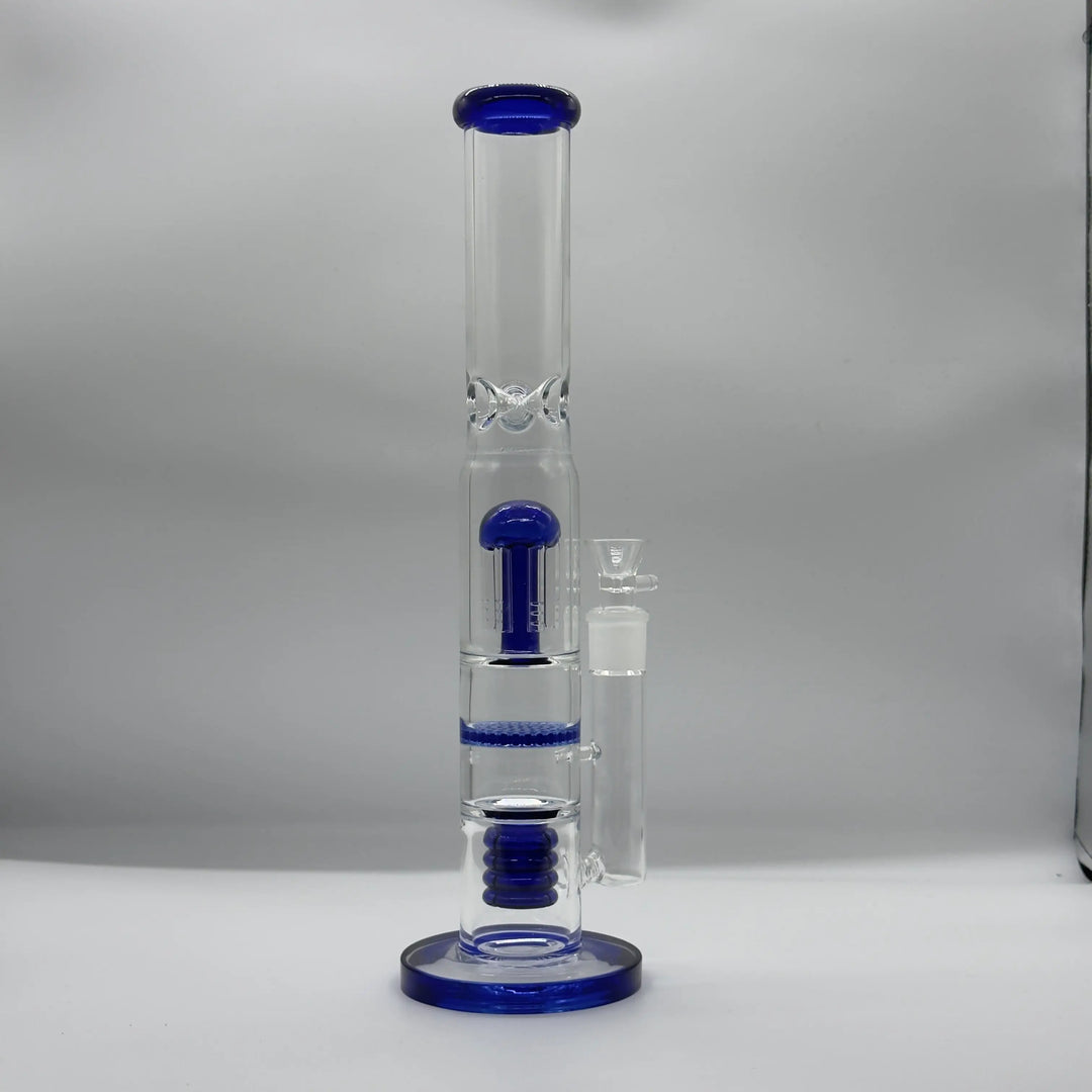 15” Blue Coil Honeycomb Showerhead Triple-Percolator Glass Bong