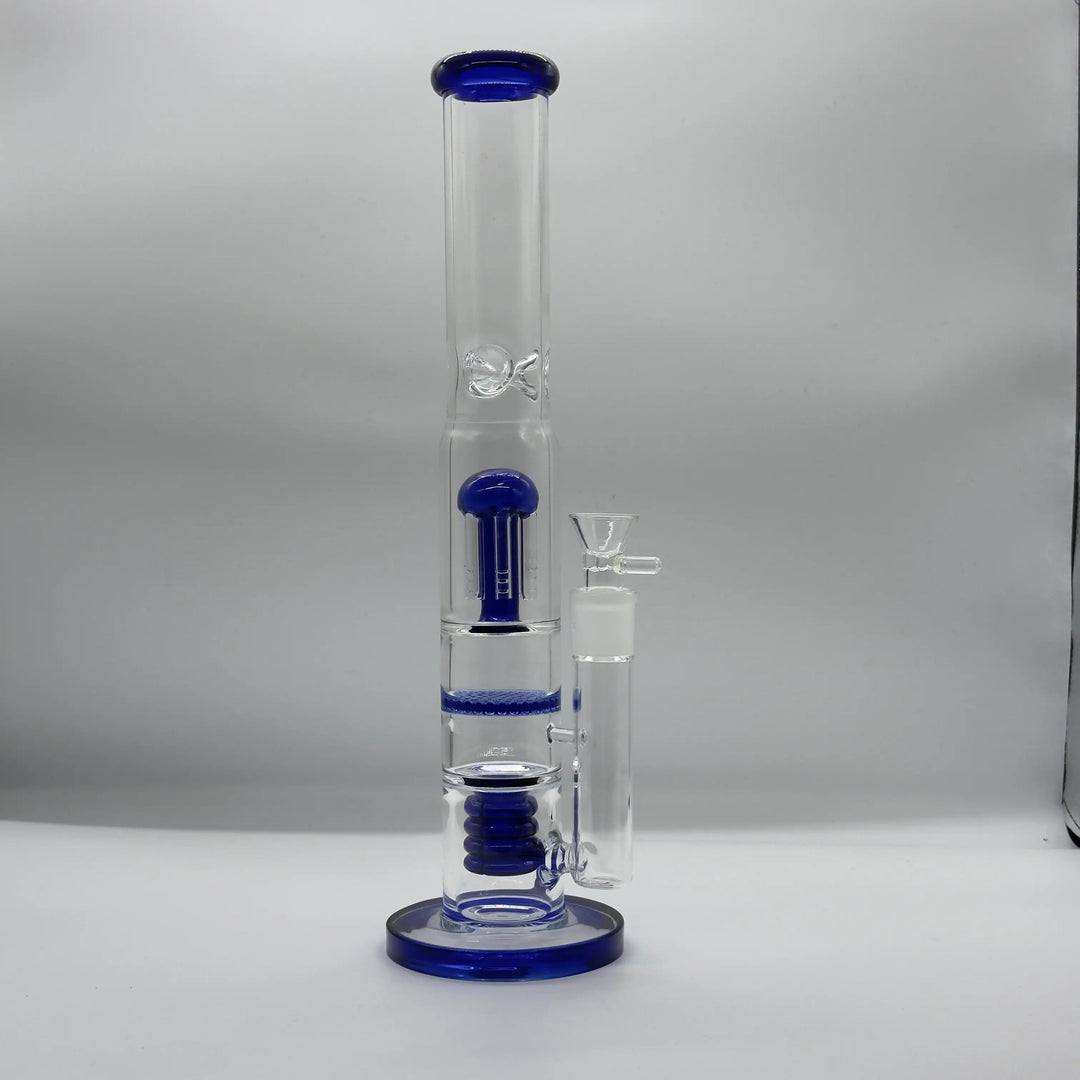 15” Blue Coil Honeycomb Showerhead Triple-Percolator Glass Bong