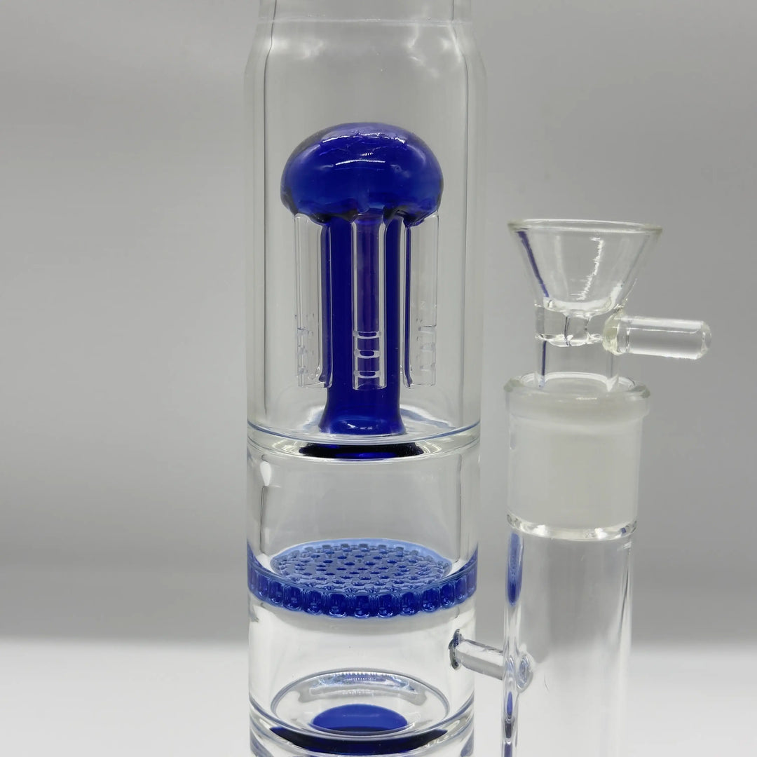 15” Blue Coil Honeycomb Showerhead Triple-Percolator Glass Bong