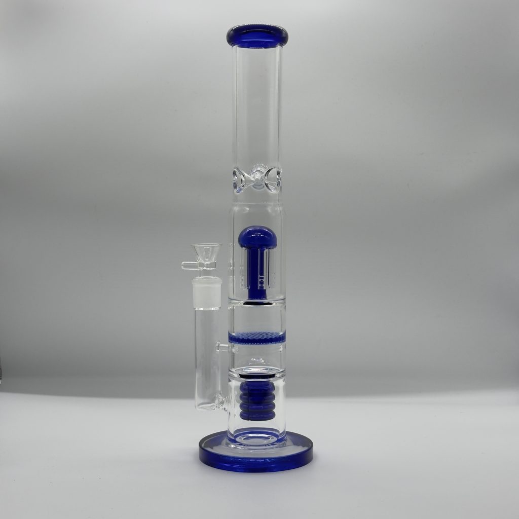 15” Blue Coil Honeycomb Showerhead Triple-Percolator Glass Bong